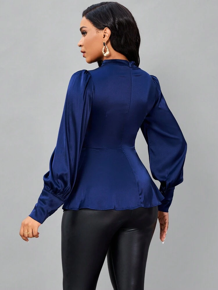 Choker Neck Lantern Sleeve Peplum Blouse