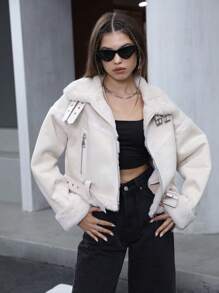 SHEIN Unity Áo khoác lông nhân tạo có thể điều chỉnh, dáng ôm vừa vặn, dáng thu/đông dành cho nữ - Màu be - Xem 1