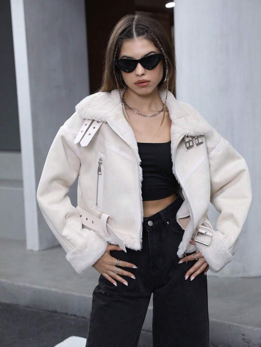 SHEIN Unity Áo khoác lông nhân tạo có thể điều chỉnh, dáng ôm vừa vặn, dáng thu/đông dành cho nữ - Màu be - Xem 1