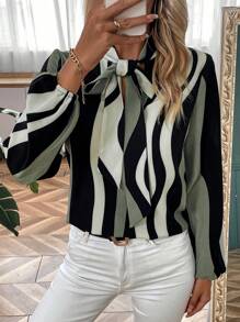 SHEIN LUNE Blusa con manga farol y cuello anudado en bloques de color - Multicolor - Ver 4