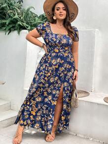 SHEIN VCAY Große Größe Kleid mit Blume Muster, Schlitz, - marineblau - Übersicht 1