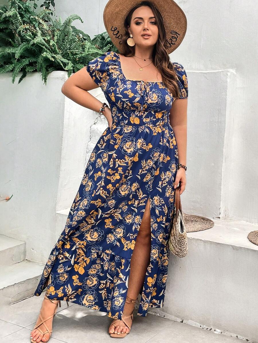 SHEIN VCAY Große Größe Kleid mit Blume Muster, Schlitz, - marineblau - Übersicht 1