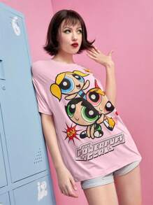 The Powerpuff Girls | ROMWE 卡通图案 T 恤，学校 - 粉色 - 查看 3