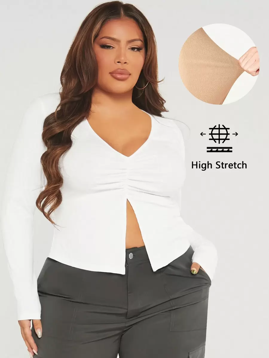 SHEIN SXY 大碼前收褶下擺開叉T恤 - 白色 - 查看 1