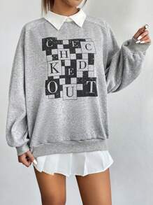 SHEIN Unity Áo nỉ 2 trong 1 tay raglan in chữ, kiểu dáng chui đầu, thích hợp cho mùa thu. - Xám - Xem 6