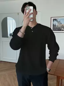 DAZY Men Solid Raglan Sleeve Button Detail Tee Long Sleeve Men Shirt Fall,Winter Business Attire - Black - View 3