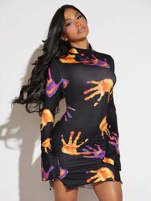 SHEIN SXY Hand Print Split Sleeve Bodycon Dress - Multicolor - View 5