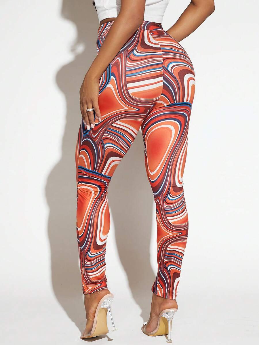 SHEIN SXY Allover Print Split Hem Leggings - Multicolor - View 1