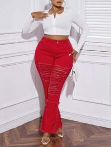 SHEIN SXY 大碼高腰破洞毛邊牛仔喇叭褲 - 紅色 - 查看 5