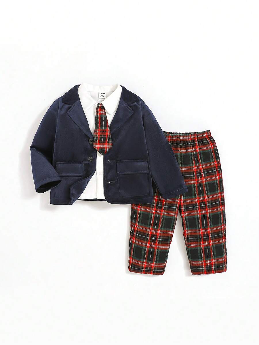 SHEIN 男嬰1入組格紋印花襯衫帶系帶&1入組格子呢圖案長褲&1入組西裝外套 - 彩色 - 查看 1