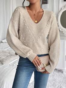 EMERY ROSE 珍珠串珠落肩袖套頭毛衣