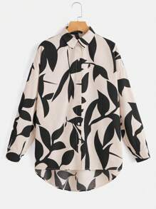 SHEIN Clasi Leaf Print Button Front Shirt,Long Sleeve Tops