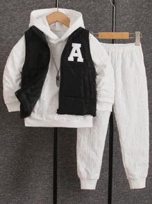 Young Boy Letter Patched Thermal Lined Zip Up Hooded Jacket & Sweatpants & Sweatshirt