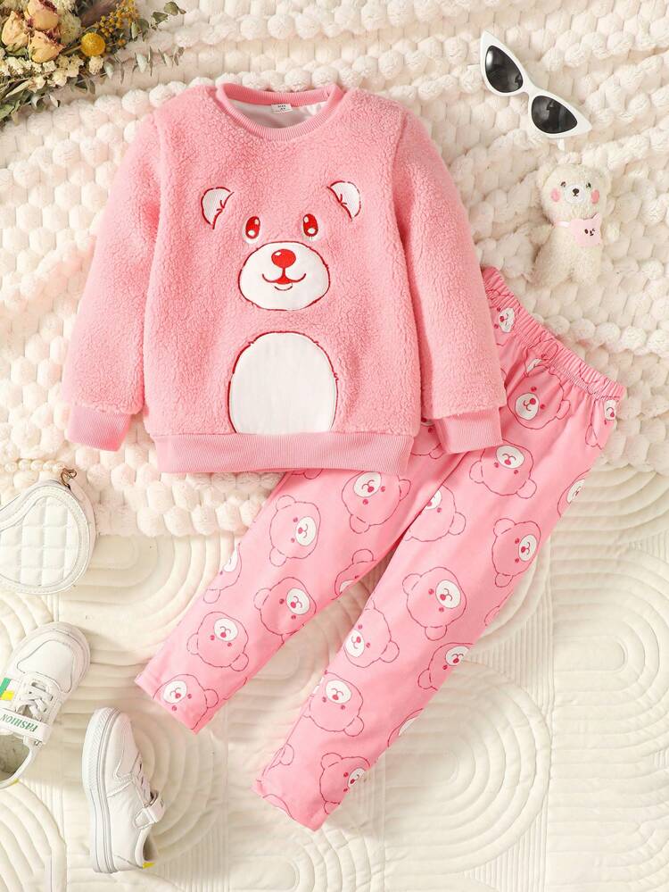 Young Girl Cartoon Embroidery Teddy Sweatshirt & Pants