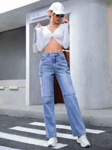 SHEIN Privé 有蓋口袋側工裝牛仔褲 - 藍色 - 查看 5