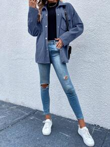 SHEIN LUNE Flap Pocket Drop Shoulder Coat - Dusty Blue - View 3