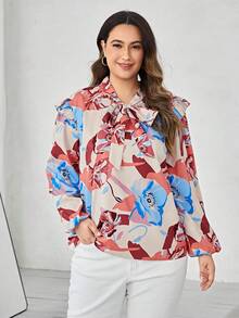 SHEIN Clasi Plus Floral Print Tie Neck Ruffle Trim Lantern Sleeve Blouse - Multicolor - View 5
