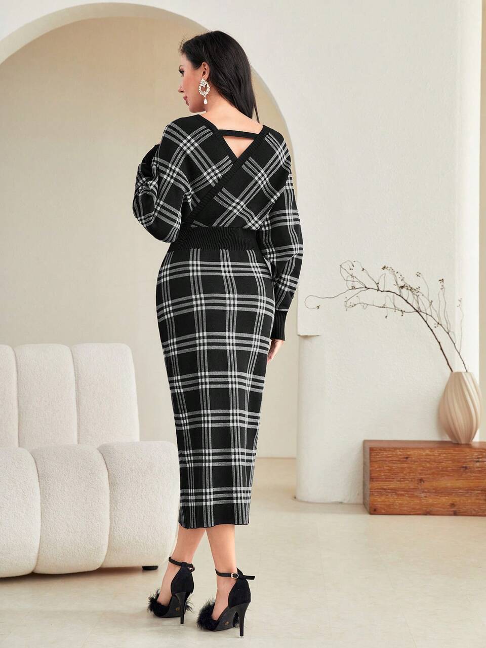 Plaid Pattern Surplice Neck Sweater Dress