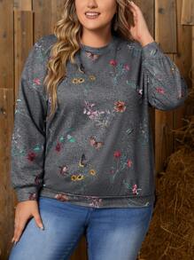 EMERY ROSE 大碼花卉印花落肩套頭衫 - 灰色 - 查看 3