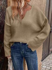 SHEIN LUNE 缺口領落肩袖套頭毛衣 - 卡其色 - 查看 6