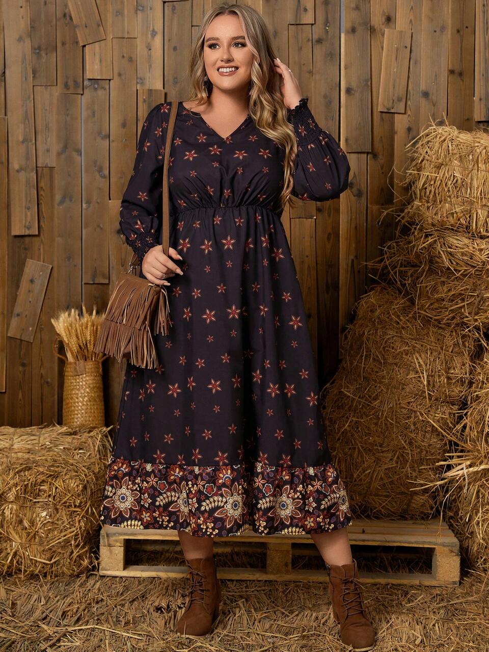 Plus Floral Print V Neck Dress