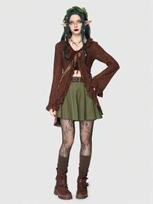 ROMWE Fairycore 前繫帶荷葉邊荷葉袖上衣 - 棕色 - 查看 4