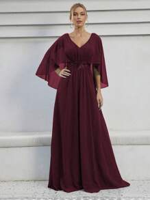 V-Neck Flare Sleeve Sequin & Embroidered Applique Party Dress - Burgundy - View 5