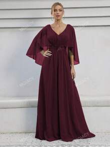 V-Neck Flare Sleeve Sequin & Embroidered Applique Party Dress