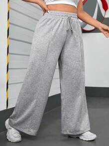 SHEIN EZwear 大碼腰部抽繩闊腿衛褲 - 灰色 - 查看 3