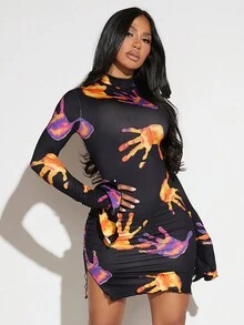 SHEIN SXY Hand Print Split Sleeve Bodycon Dress - Multicolor - View 3