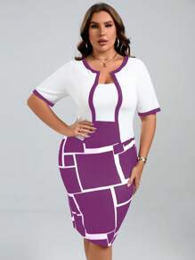 SHEIN Clasi Talla grande Vestido ajustado con estampado geométrico unido en contraste - Morado - Ver 1