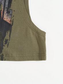 SHEIN Coolane Motorcycle & Letter Graphic Crop Tank Top - Army Green - View 3