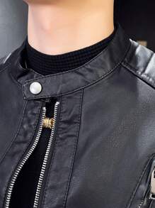 男士长袖拉链PU皮夹克，适合秋冬季穿着