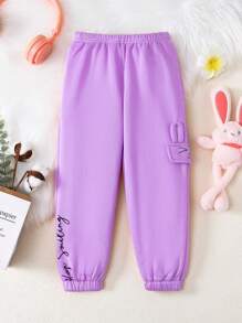SHEIN Young Girl Letter Graphic Rabbit Patched Sweatpants - Lilac Purple - View 7
