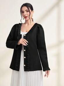Mulvari Frill Trim Button Front Coat Without Belt Fall Cloth For Women