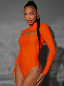 SHEIN SXY Women's Solid Color Minimalist Long Sleeve Bodysuit, Everyday Wear - Orange - View 4