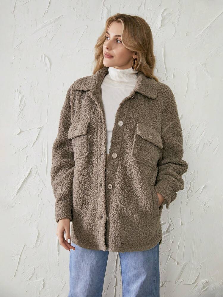 Flap Pocket Drop Shoulder Teddy Coat Fall Cloth For Women