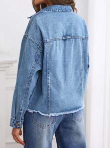 SHEIN Privé 落肩毛邊牛仔夾克 - 淺色水洗藍 - 查看 2