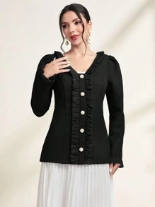 Mulvari Frill Trim Button Front Coat Without Belt Fall Cloth For Women