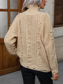 SHEIN LUNE 高领落肩做旧针织套头衫秋冬毛衣 - 駝色 - 查看 2