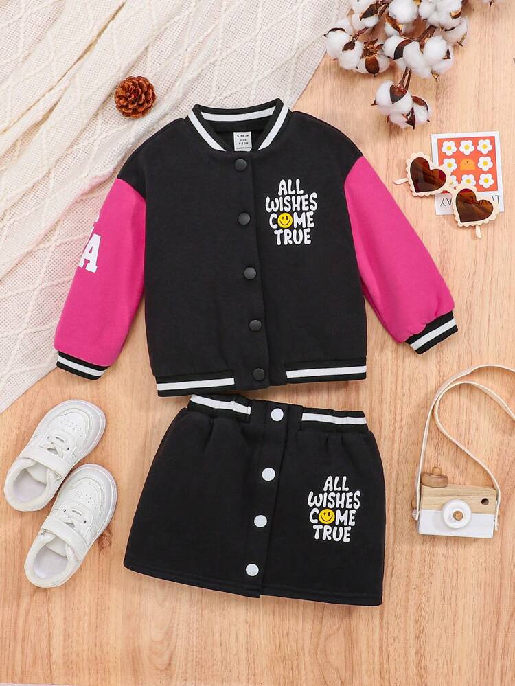 Baby Girl Slogan Graphic Striped Trim Varsity Jacket & Skirt