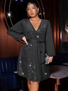 SHEIN Allurite Plus Surplice Neck Lantern Sleeve Sequin Dress