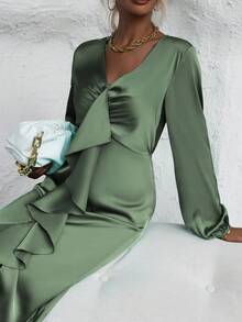 SHEIN Clasi Ruffle Trim Bishop Sleeve Ruched Ruffle Trim Split Thigh Satin Dress - Green - View 6