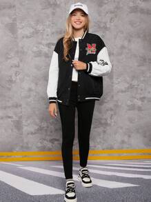 Teen Girl Letter Graphic Drop Shoulder Two Tone Varsity Jacket - Black and White - View 5