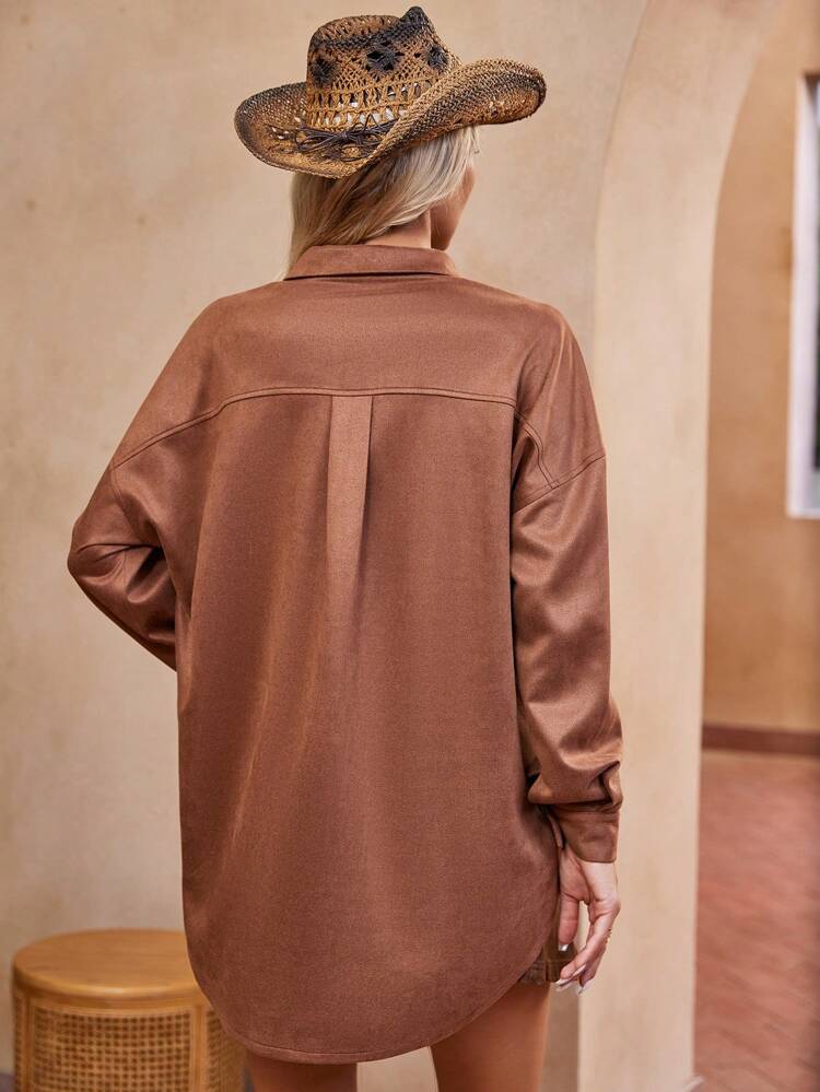 Drop Shoulder Pocket Patched Suedette Coat Fall Cloth For Women
