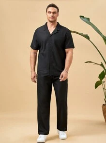 Manfinity Homme 男士大码素色西裝領襯衫和褲子 - 黑色 - 查看 3