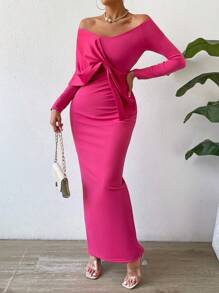 SHEIN Privé Off Shoulder Twist Front Bodycon Dress - Hot Pink - View 3