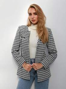 BizChic Plaid Pattern Open Front Tweed Overcoat