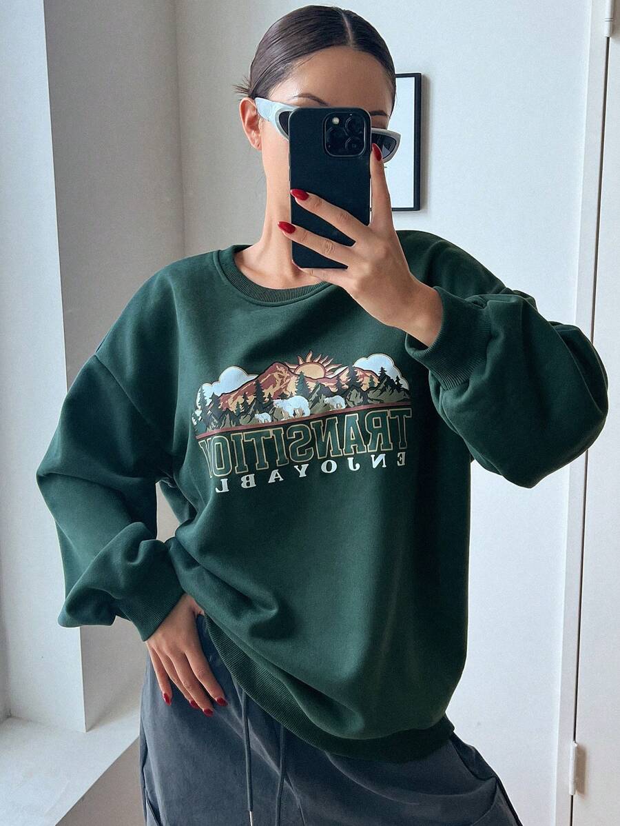 DAZY Mountain & Letter Graphic Drop Shoulder Sweatshirt - Army Green - View 1