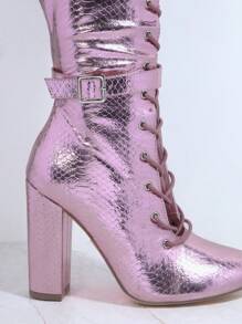 SHUZIA Metallic PU Leather Lace Up Design Thigh High Boots - Red Violet - View 3